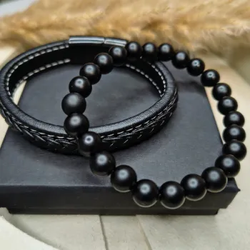 Bransoletka męska czarna talizman amulet ochrona siła + skóra naturalna