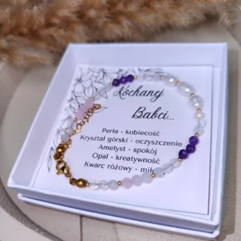 Bransoletka z kamieni naturalnych prezent dla babci perła kryształ górski opal ametyst dzień babci