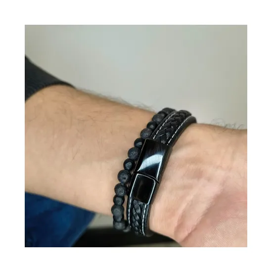 Bransoletka męska turmalin lawa wulkaniczna talizman amulet ochrona siła + skóra naturalna