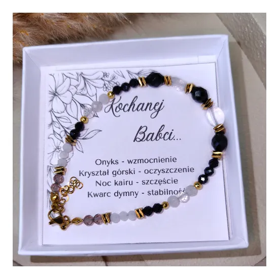 Bransoletka z kamieni naturalnych dla babci onyks kryształ górski noc kairu talizman mocy odwagi i energii Dzień babci